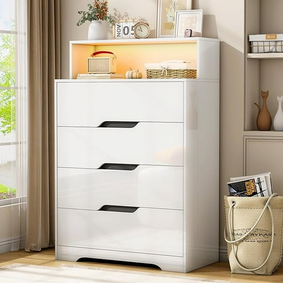 Pipleo Drawer Dresser, 47.2" Modern Dresser and Chests of Drawers with LED Lights, Tall Chest of Drawers with Charging Station for Bedroom, Living Room