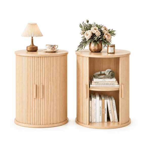 Pipleo End Table Set of 2, Tall Round Side Table with Tambour Door, Adjustable Shelf, Modern Nightstand for Living Room, Bedroom