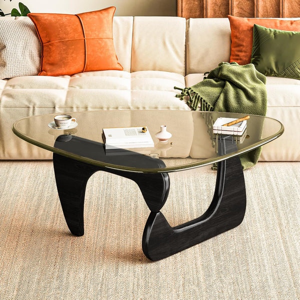 Pipleo Glass Coffee Table, Mid Century Modern Coffee Table with Walnut Glass Top, Living Room Table for Patio Office Balcony Bedroom