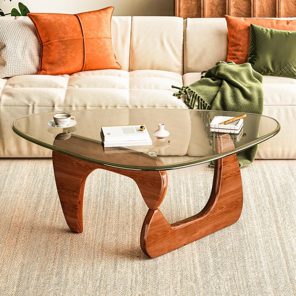 Pipleo Glass Coffee Table, Mid Century Modern Coffee Table with Walnut Glass Top, Living Room Table for Patio Office Balcony Bedroom