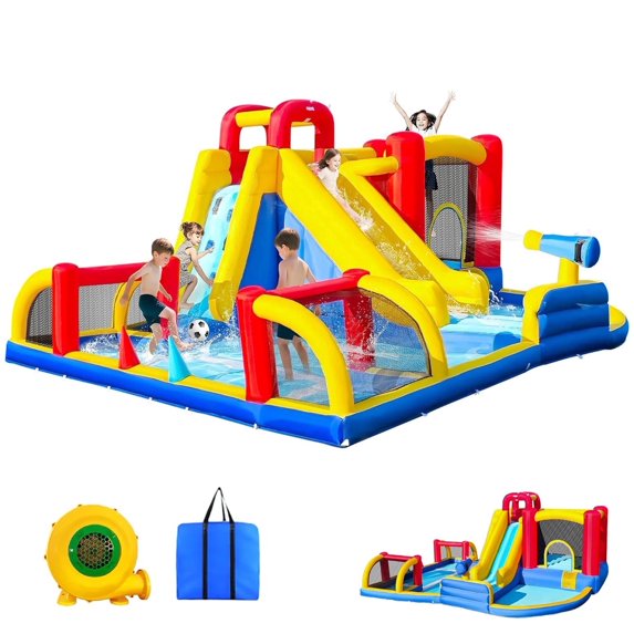 NEORIVER Inflatable Water Slide Park with Soccer Zone, Long Slide & Splash Pool, 8-in-1 Backyard Bounce House for Kids, 550W Air Blower Included