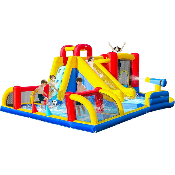 Pipleo Inflatable Water Slide Park with Soccer Zone, Long Slide & Splash Pool, 8-in-1 Backyard Bounce House for Kids, 550W Air Blower Included