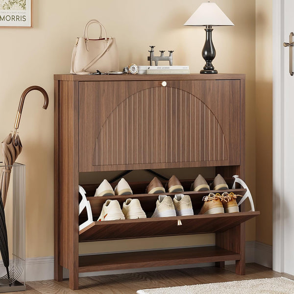 Pipleo Modern Fluted Shoe Storage Cabinet for Entryway with 2 Flip Drawers, Narrow Wood Shoe Cabinet with Arch-carved Door & Adjustable Shelf, Freestanding Hidden Shoes Organizer Rack Cabinets