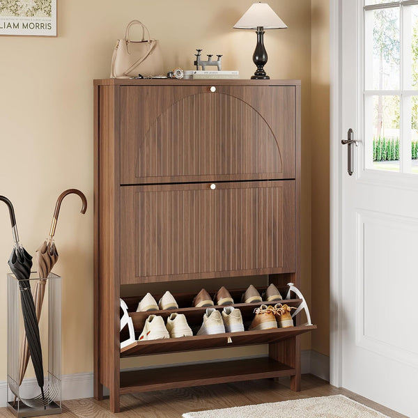 Pipleo Modern Fluted Shoe Storage Cabinet for Entryway with 3 Flip Drawers, Narrow Wood Shoe Cabinet with Arch-carved Door & Adjustable Shelf, Freestanding Hidden Shoes Organizer Rack Cabinets