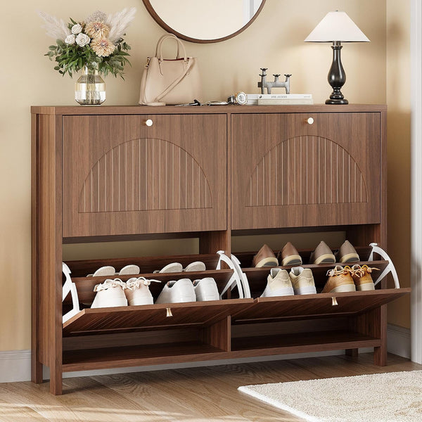 Pipleo Modern Fluted Shoe Storage Cabinet for Entryway with 4 Flip Drawers, Narrow Wood Shoe Cabinet with Arch-carved Door & Adjustable Shelf, Freestanding Hidden Shoes Organizer Rack Cabinets