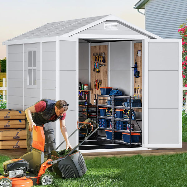 Pipleo 8.7x5.5 FT Resin Outdoor Storage Shed with Floor, Weather-Resistant Plastic Garden Shed with Windows, Lockable Door and Vents, Outside Tool Storage Sheds for Backyard, Garden, Patio, Lawn