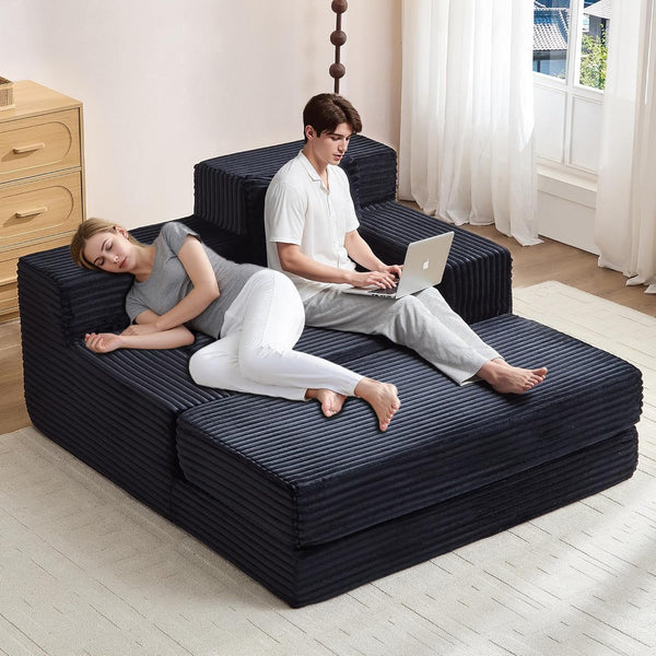 Oversized Chaise Lounge Chair Furniture Indoor, No Assembly Required, Pipleo 60" Sofa Bed Sleeper, High-Density Foam Cloud Couch with Dual-Height Armrests and 2 Pillows for Living Room, Bedroom