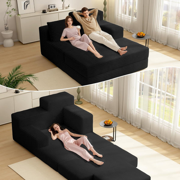 Oversized Chaise Lounge Chair Furniture Indoor, No Assembly Required, Pipleo 60" Sofa Bed Sleeper, High-Density Foam Cloud Couch with Dual-Height Armrests and 2 Pillows for Living Room, Bedroom