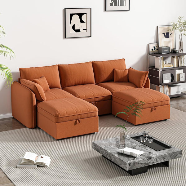 Pipleo Sectional Sofas Home 107" U Shaped Solid Print Wood Multifunctional Sectional Sofas