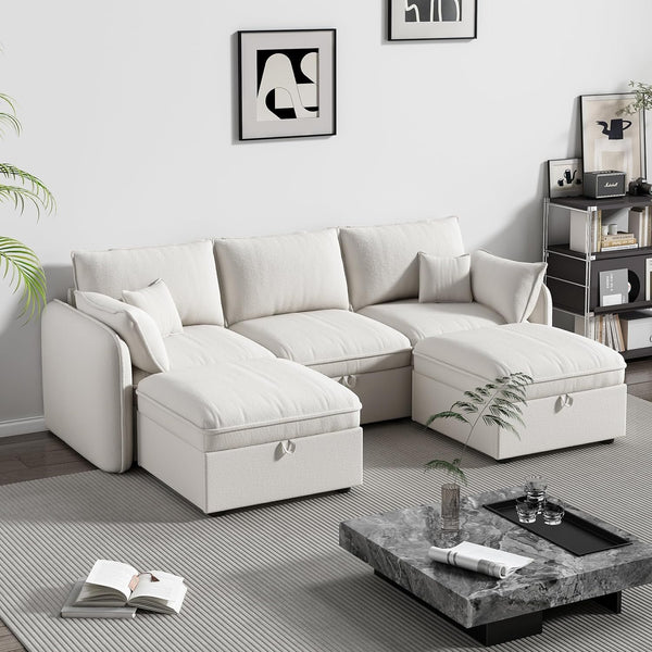 Pipleo Sectional Sofas Home 107" U Shaped Solid Print Wood Multifunctional Sectional Sofas