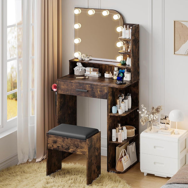 Pipleo Small Vanity Set with Lighted Mirror, 26.4" Modern Makeup Vanity Desk with Stool and Charging Station for Women, Easy Assembly