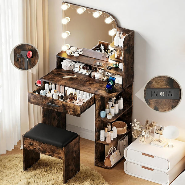 Pipleo Small Vanity Set with Lighted Mirror, 26.4" Modern Makeup Vanity Desk with Stool and Charging Station for Women, Easy Assembly