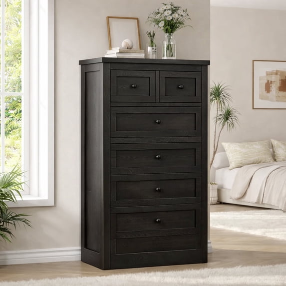 Pipleo Tall 6 Drawer Black Wood Dresser, Easy Assembly with Video Guide