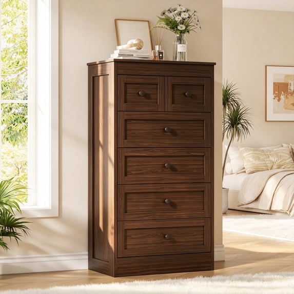Pipleo Tall 6 Drawer Black Wood Dresser, Easy Assembly with Video Guide