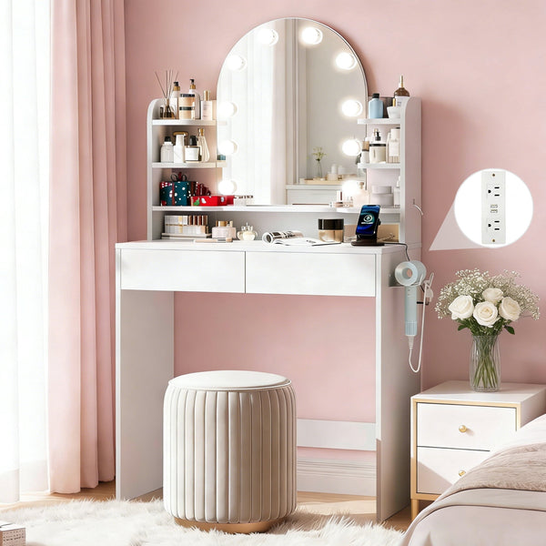 Pipleo 31.5" Lighted Mirror Vanity Desk with Power Outlet, Small Makeup Table with 2 Drawers & 6 Shelves, Black Vanity for Bedroom, Small Spaces, Easy Assembly
