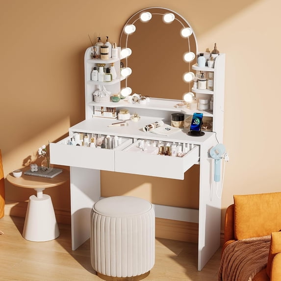 NEORIVER 32" Lighted Mirror Vanity Desk with Power Outlet, Small Makeup Table with 2 Drawers & 6 Shelves, Black Vanity for Bedroom, Small Spaces, Easy Assembly