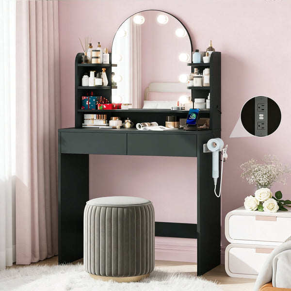 Pipleo 31.5" Lighted Mirror Vanity Desk with Power Outlet, Small Makeup Table with 2 Drawers & 6 Shelves, Black Vanity for Bedroom, Small Spaces, Easy Assembly