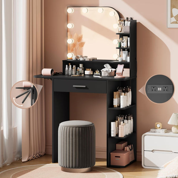 Pipleo Makeup Vanity Desk with Mirror and Lights, Power Outlet, 34.25”Small Vanity Mirror with Lights with Large Drawer, Foldable Shelve＆6 Storage, Black Vanity with 3 Lighting Modes