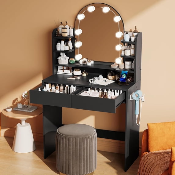 NEORIVER 32" Lighted Mirror Vanity Desk with Power Outlet, Small Makeup Table with 2 Drawers & 6 Shelves, Black Vanity for Bedroom, Small Spaces, Easy Assembly