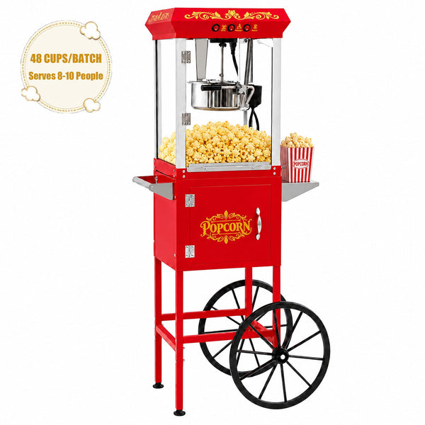 Popcorn Machine Cart with Wheels, 10 Oz Kettle, Scoop and 2 Cups, Akaber 800W Commercial Popcorn Maker Machine, Makes 48 Cups per Batch, Movie Theater Popper