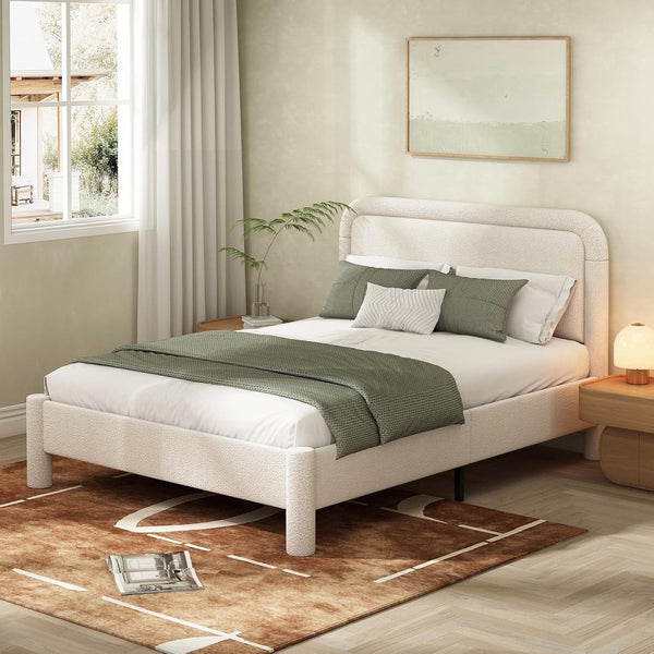 Queen Size Bed Frame, Pipleo Boucle Upholstered Platform Bed with Headboard and Footboard, Soft Rounded Corners, No Box Spring Required, Easy Assembly, Cream