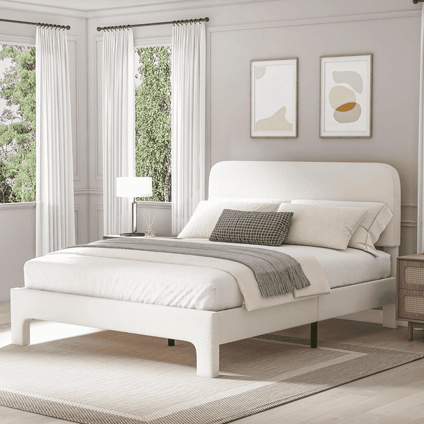 Queen Size Bed Frame, Pipleo Upholstered Bed Frame Queen with Rounded Corners, Adjustable Bed Frame in Modern Style, Heavy Duty Mattress Foundation, Noise-Free, Easy Assembly, Cream