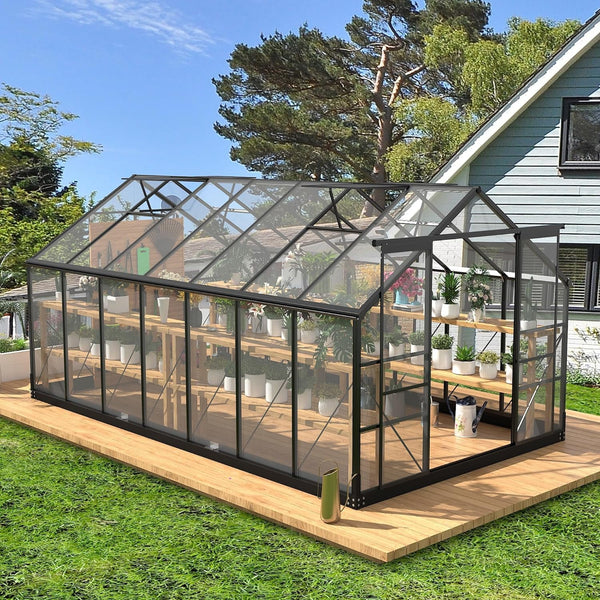 Pipleo 8x14.2 FT Outdoor Greenhouse, Heavy Duty Walk-In Green House with Polycarbonate Panels, UV Protection & Windproof Aluminum Frame, 2 Adjustable Roof Vent with Sliding Door