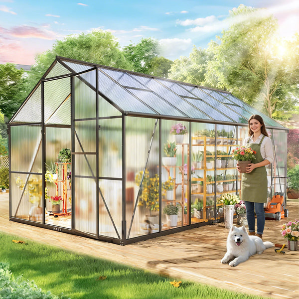 Quick Assembly Greenhouse 16x8FT Outdoor, Pipleo Heavy Duty Polycarbonate Walk-In Green House with UV Protection, Windproof Aluminum Frame & Adjustable Roof Vent