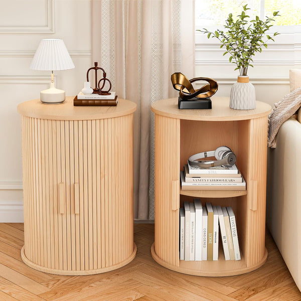 Round Fluted Nightstand Set of 2, NEORIVER Tall Side Table with Tambour Door and Adjustable Shelf, Modern End Table