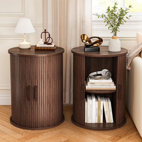Round Fluted Nightstand Set of 2, NEORIVER Tall Side Table with Tambour Door and Adjustable Shelf, Modern End Table