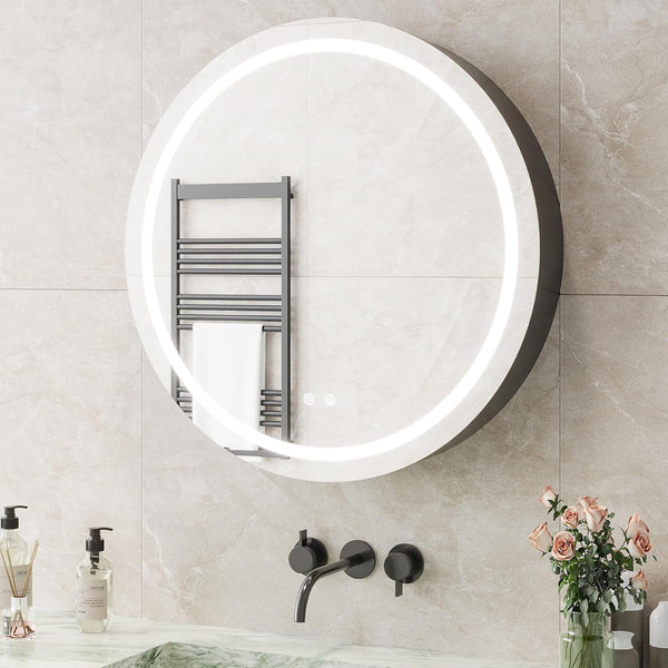 Round Medicine Cabinet Mirror, Akaber 30"x30" Bathroom Mirror with Double-Side LED Lights, Anti-Fog, 3 Color Temperatures, Dimmable, Outlets, Wall Mount Circular Mirror Cabinet