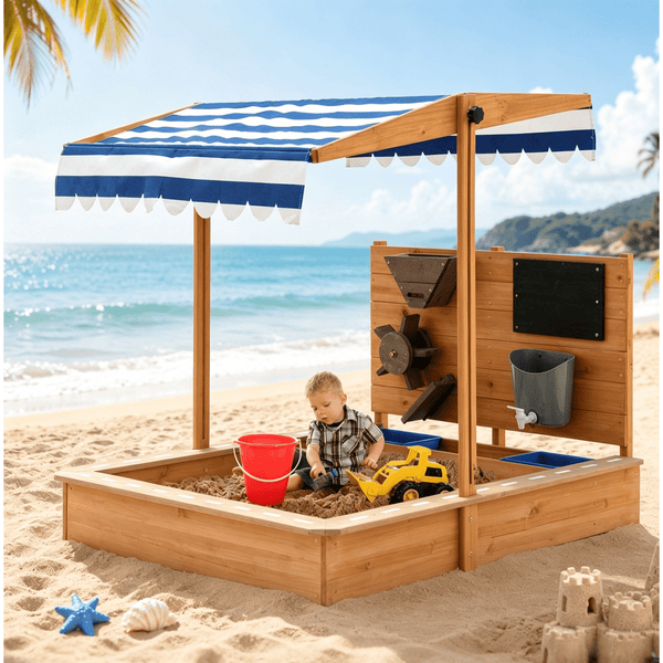 Kids Large Wooden Sandbox with Adjustable Roof Canopy – Outdoor Sand Box Play Set, Includes Funnel, Drawing Board & 2 Buckets, Bottomless Sand Pit for Backyard, Garden, Patio, Beach, Brown Oak