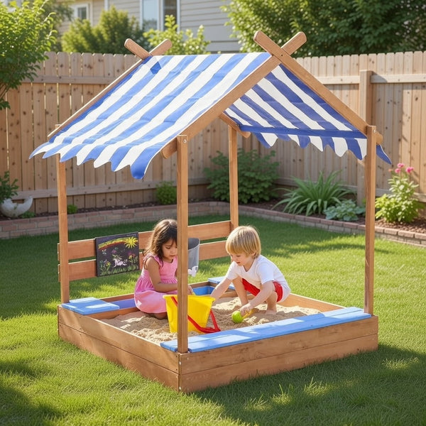 Sandbox with Lid and Cover, 49" Kids Large Wooden Sand Box with Liner, Drawing Board, Sink, House Design, Sand Boxes Play Toys for Backyard Garden Beach, Sand Pit for Beach Patio Outdoor