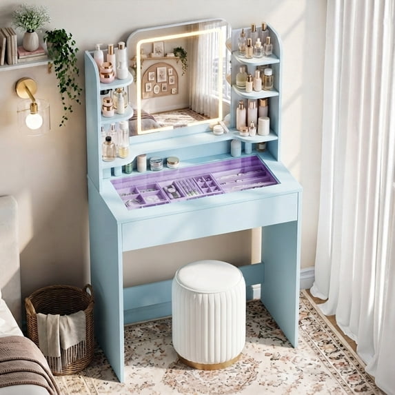 Small Makeup Vanity Desk with LED Mirror and Lights, Tempered Glass, RGB Drawer with App/Remote and Music-Sync, 6000+ Colors, 5 Shelves