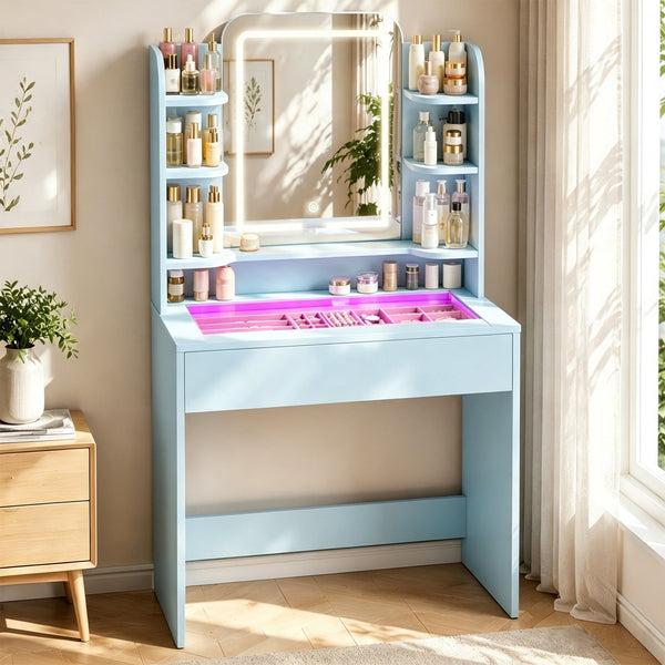 Small Vanity with Mirror and Lights, Tempered Glass Top, LED Mirror, Linor Blue Makeup Vanity Desk with Smart RGB drawer with APP+remote, 6000+ Colors, Music Pulse