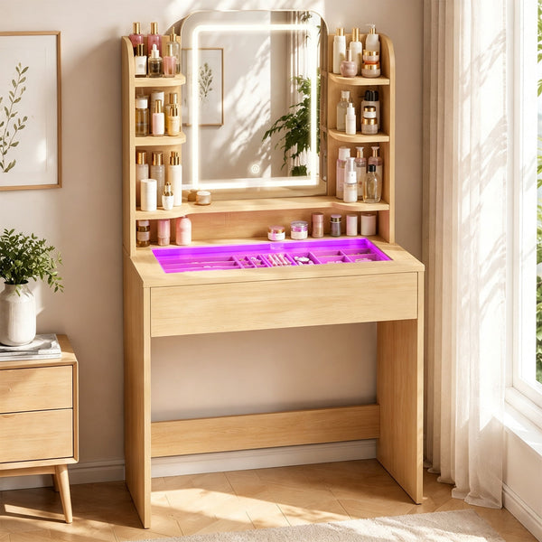 Small Vanity with Mirror and Lights, Tempered Glass Top, LED Mirror, Linor Oak Makeup Vanity Desk with Smart RGB drawer with APP+remote, 6000+ Colors, Music Pulse