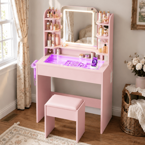 Small Vanity Set with Chair, Glass Top, Smart RGB Drawer, App and Remote Control, Music Sync Lights, 3-Color LED Mirror, Built-in Outlet and Hair Dryer Holder for Girls