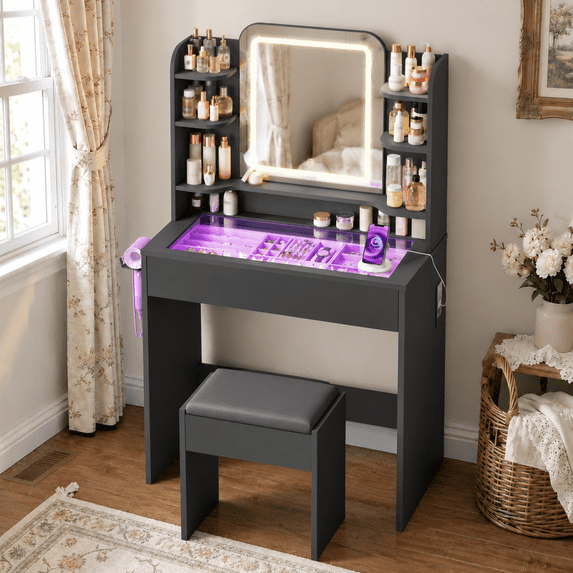 Small Vanity Set with Chair, Glass Top, Smart RGB Drawer, App and Remote Control, Music Sync Lights, 3-Color LED Mirror, Built-in Outlet and Hair Dryer Holder for Girls