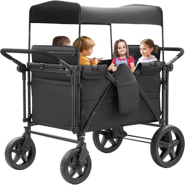 Stroller Wagon for 4 Kids, 4 Seater Wagon Stroller Featuring 4 High Seat with 5-Point Harnesses and Adjustable Canopy, Foldable Double Push Bar Wagon Stroller 4 Seater for Garden, Camping