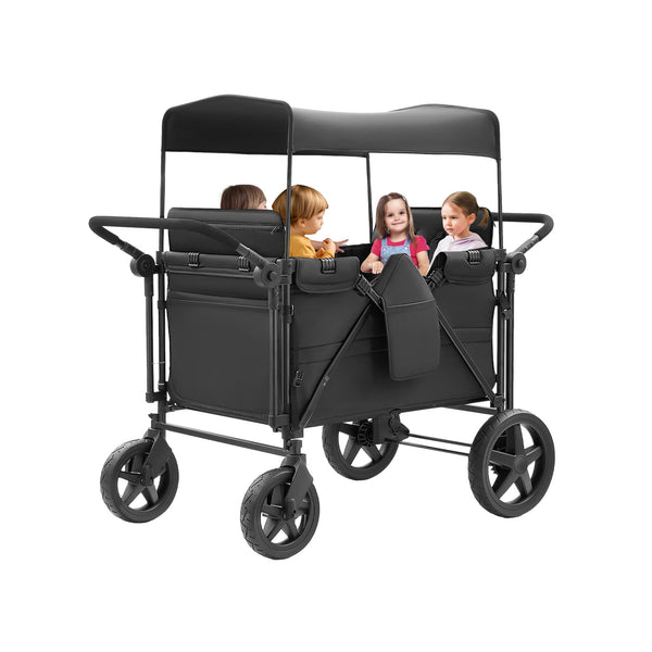 Linor Wagon Stroller for 4 Kids, Wagon Cart Featuring Snack Tray with Storage Bag and Adjustable Canopy, Foldable 4 Seater Wagon Stroller for Garden, Stroller, Camping
