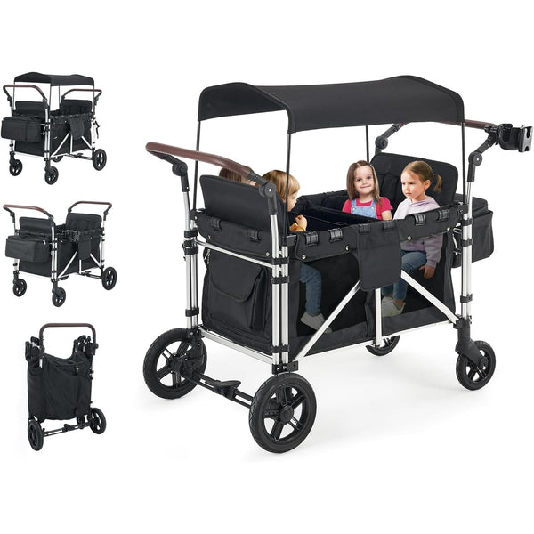 Stroller Wagon for 4 Kids, ICEELF Wagon Cart Featuring 4 High Seat with 5-Point Harnesses and Adjustable Canopy, Foldable Double Push Bar Wagon Stroller for Garden, Stroller, Camping (Black)