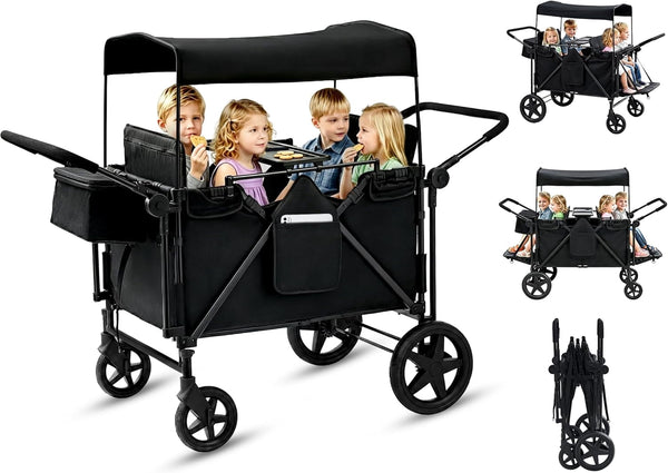 Stroller Wagon for 4 Kids, NEORIVER 4 Seater Wagon Stroller with Convertible Seats Footrests, Snack Tray, Storage Bag, Removable Canopy, Wagon Stroller 4 Seater with Double Push Handle