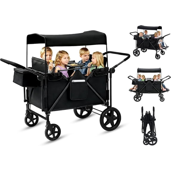 Stroller Wagon for 4 Kids, NEORIVER 4 Seater Wagon Stroller with Convertible Seats Footrests, Snack Tray, Storage Bag, Removable Canopy, Wagon Stroller 4 Seater with Double Push Handle
