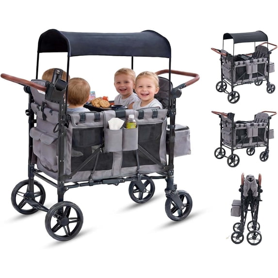 Stroller Wagon for 4 Kids, NEORIVER 4 Seater Wagon Stroller with Snack Tray, Large Storage Bag, Phone Cup Holder, Removable Canopy, Foldable Wagon Stroller 4 Seater with Adjustable Push Handles