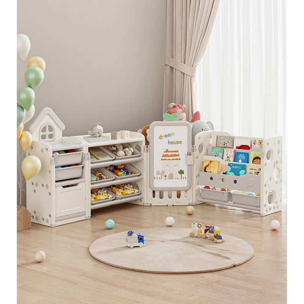 Toy Storage Organizer and Bookshelf for Kids, Akaber Toys Organizer 3 Tier Foldable with 10 Removable Bins & Drawing Board (White, 3 Brushes)