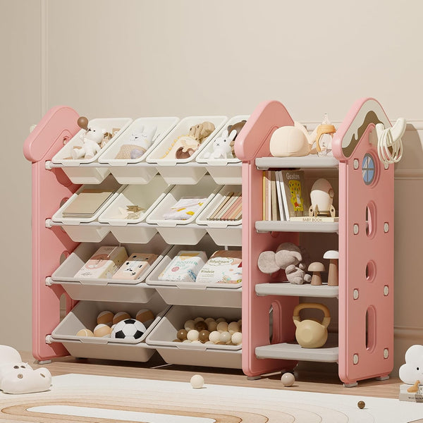 Toy Storage Organizer and Bookshelf for Kids, Akaber Toys Organizer 4 Tier Foldable with 12 Removable Bins
