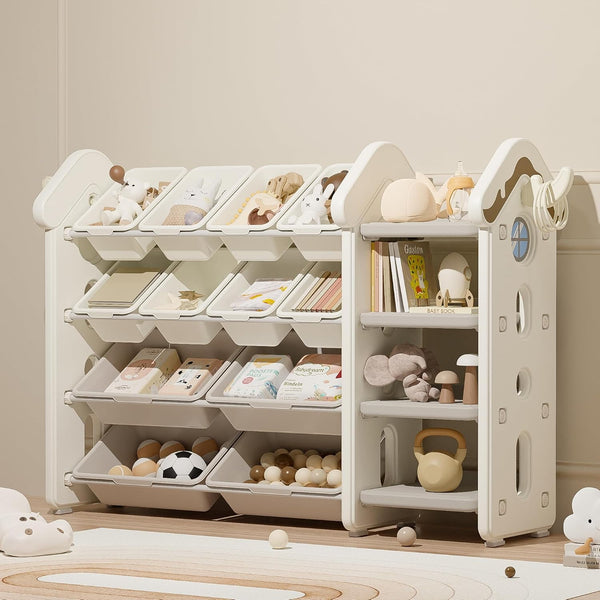 Toy Storage Organizer and Bookshelf for Kids, Akaber Toys Organizer 4 Tier Foldable with 12 Removable Bins