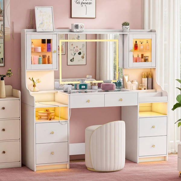 Pipleo 62" Large White Vanity Desk with Glass Top, Makeup Vanity with Mirror and LED Lights, One Piece Controls 3 Lighting Modes, 4 Drawers Vanity with 2 Cabinets and Power Outlet for Women, Girls