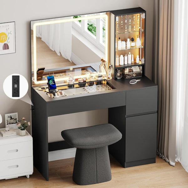 Vanity Desk with Mirror and Lights, Akaber 41" Black Makeup Vanity with Power Outlet, Glass Top, LED Jewelry Cabinet, 3 Lighting Modes