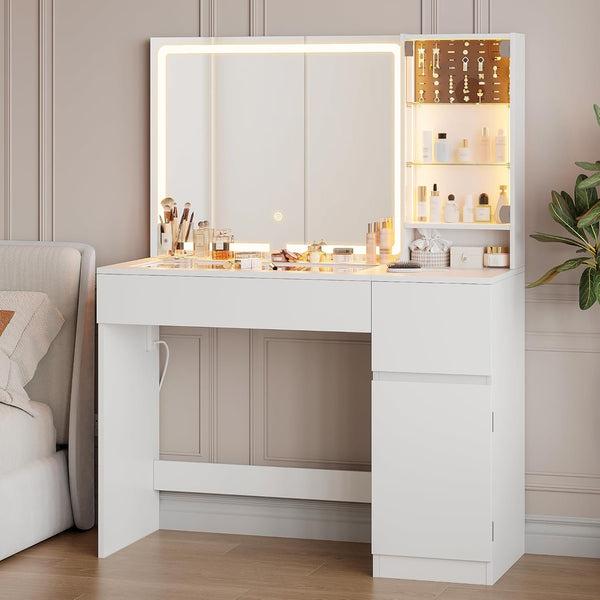 Vanity Desk with Mirror and Lights, Akaber 41" White Makeup Vanity with Power Outlet, Glass Top, LED Jewelry Cabinet, 3 Lighting Modes